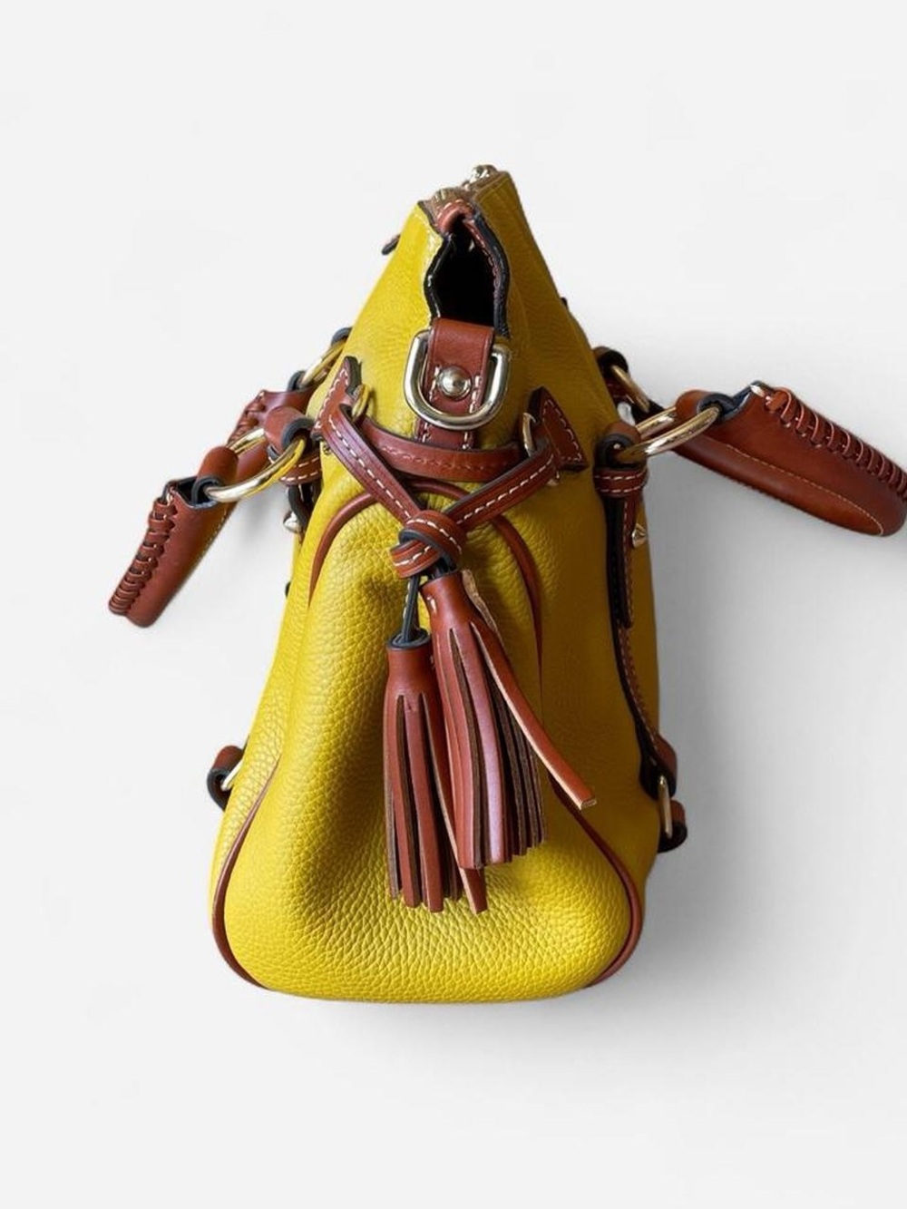 Dooney & Bourke Mustard Yellow Pebbled Leather Satchel with Brown Trim - Picture 2 of 7